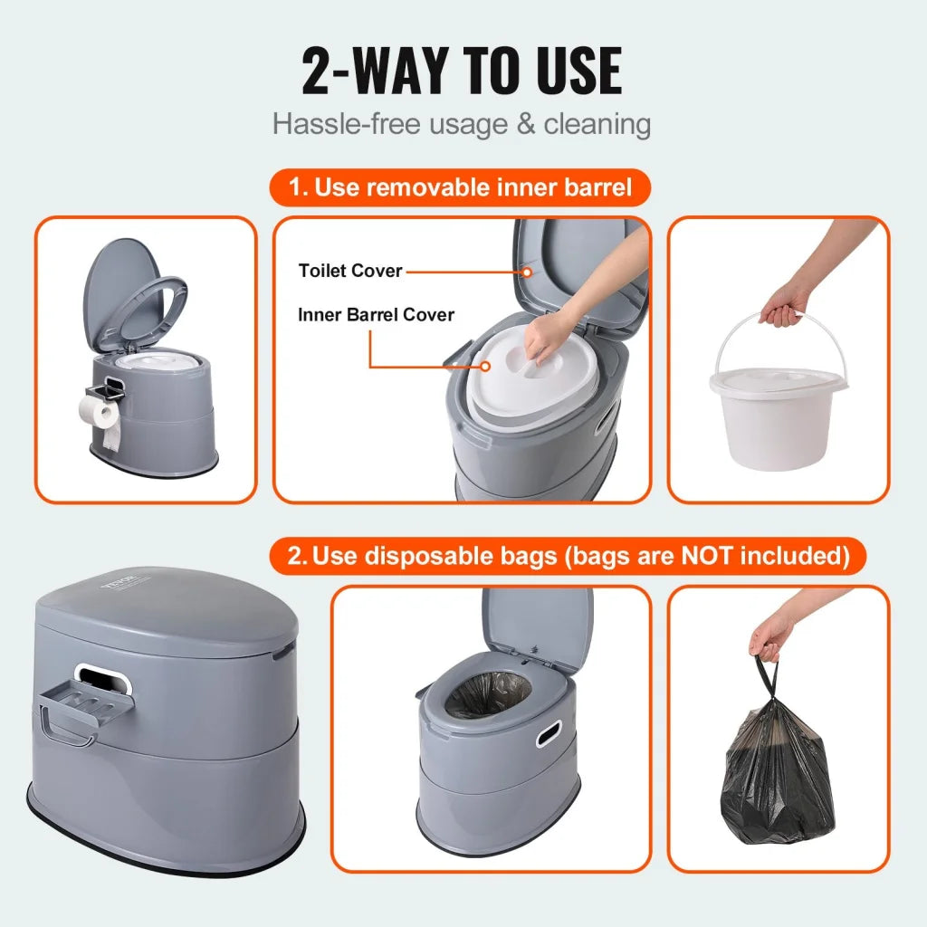 Vevor portable toilet with pack contents and accessory layout