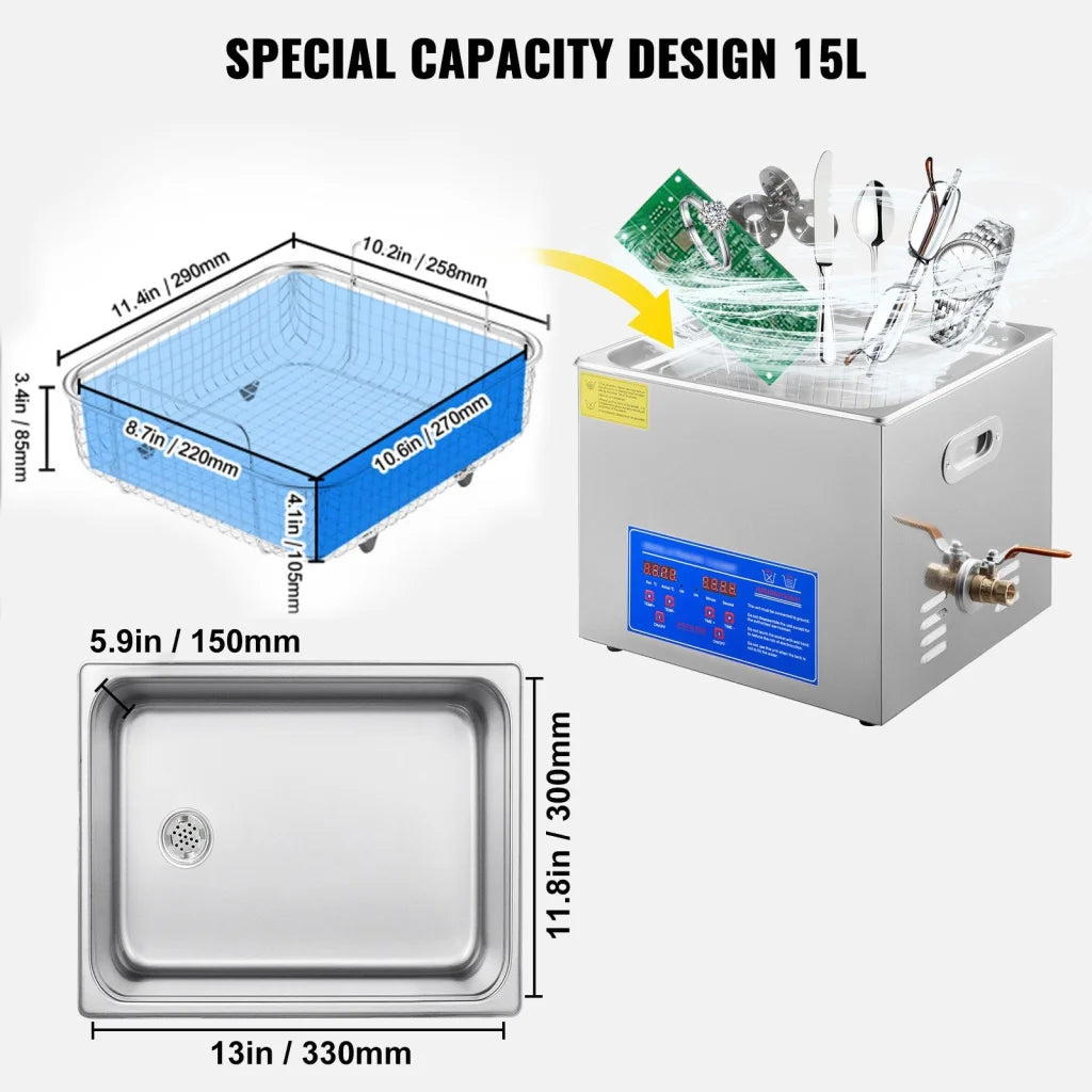 Steel digital ultrasonic cleaner with jewellery cleaner case and hinged lid