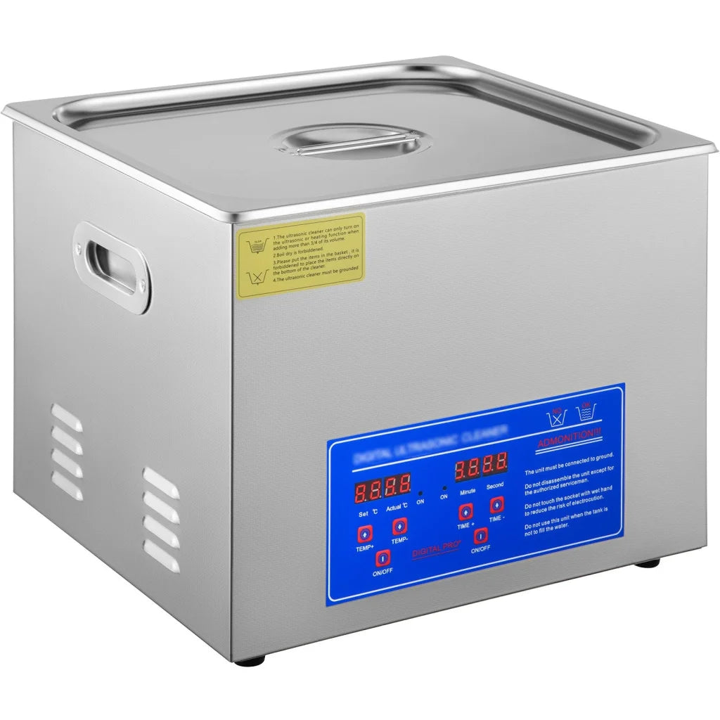 Steel digital ultrasonic cleaner with metal tank basin and blue display screen