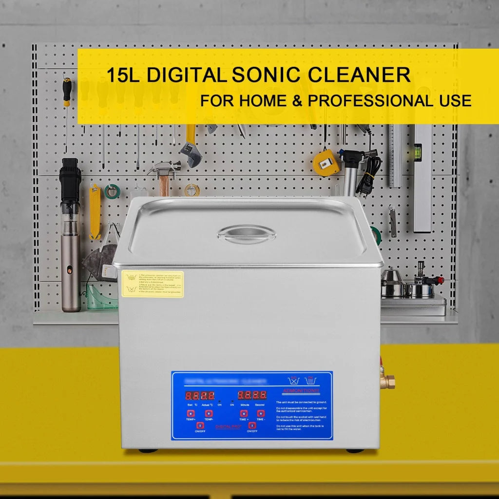 Steel digital ultrasonic cleaner with rectangular cleaner body and steel basin