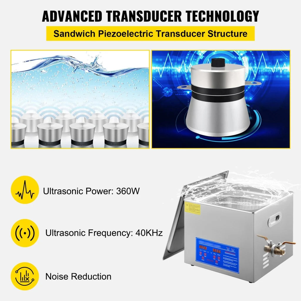 Steel digital ultrasonic cleaner with clear lid and front timer panel