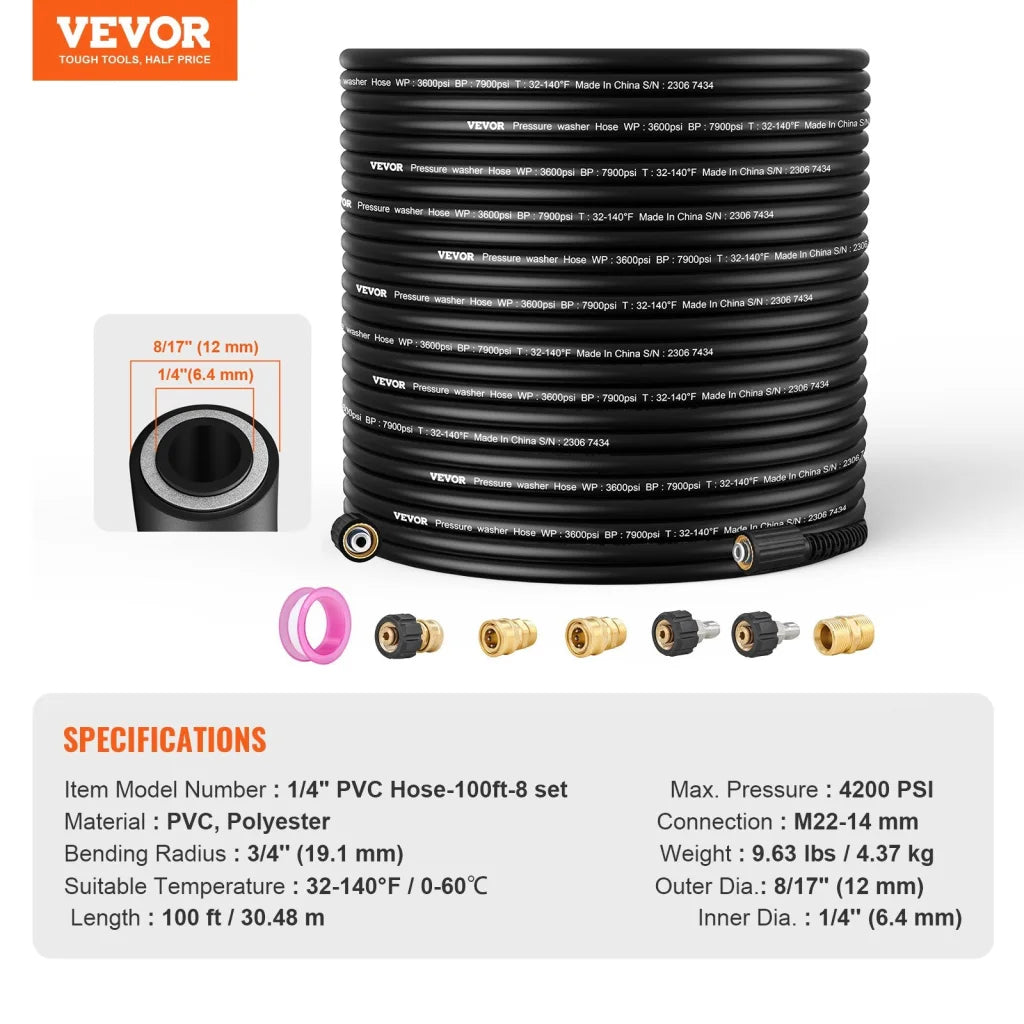 VEVOR Pressure Washer Hose 100FT 1/4’’ Kink Free M22-14mm