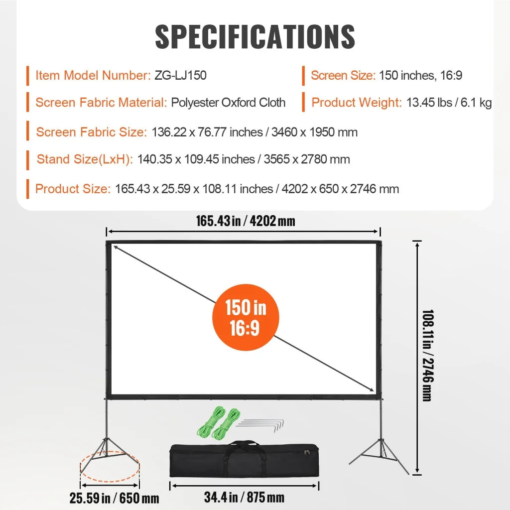 Vevor projector screen with assembled layout and visible hardware