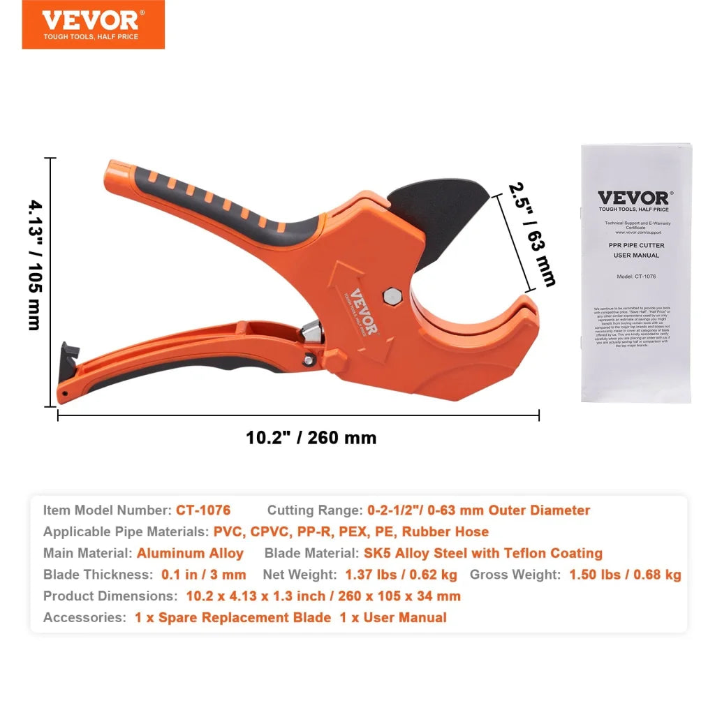 VEVOR PVC Pipe Cutter 0-2-1/2’’ O.D. Ratcheting PVC Pipe