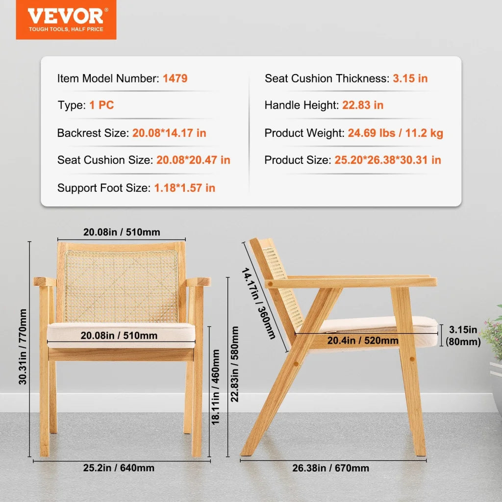 VEVOR Rattan Chair Mid Century Modern Dining Chair