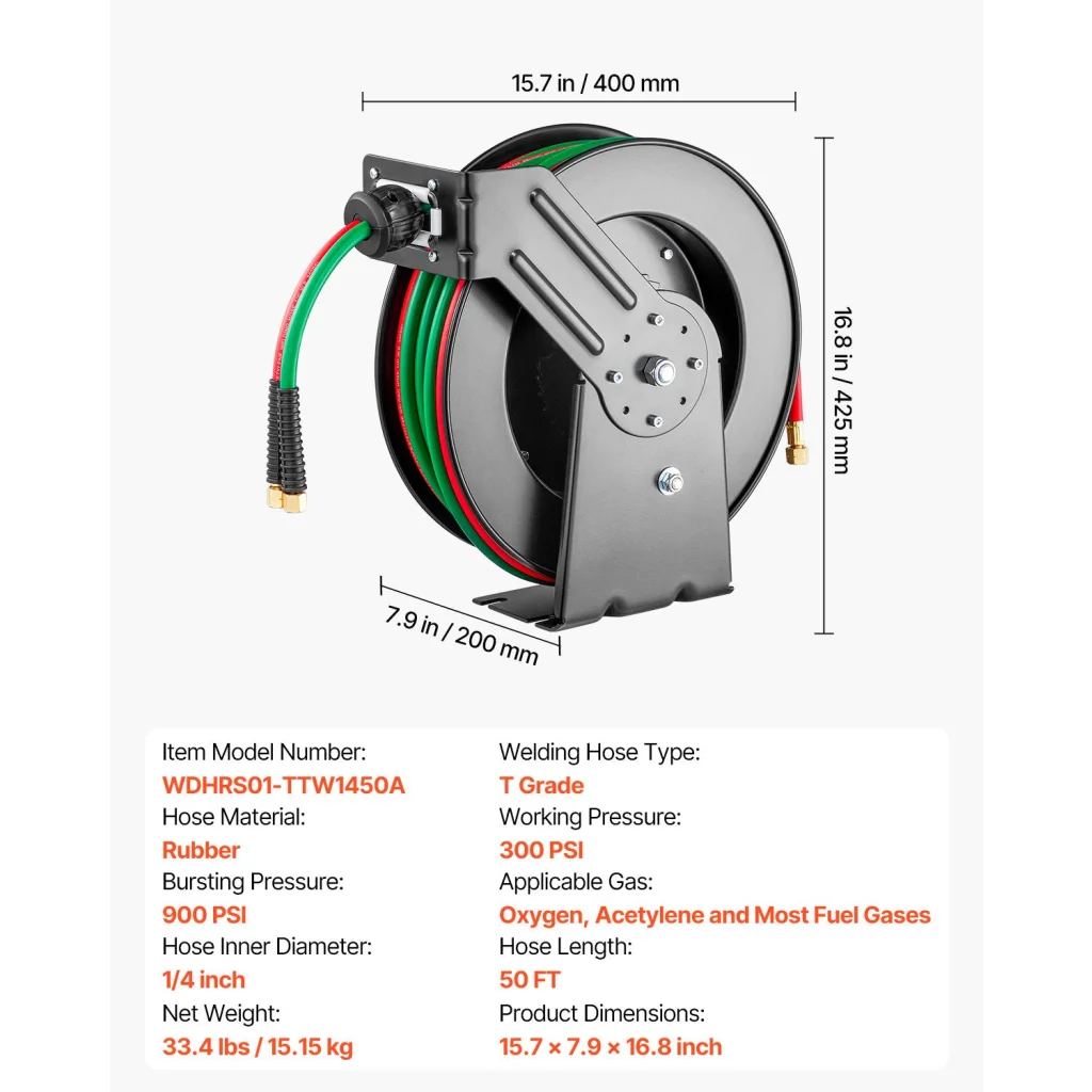 VEVOR Retractable Welding Hose Reel 1/4-Inch x 50FT Twin