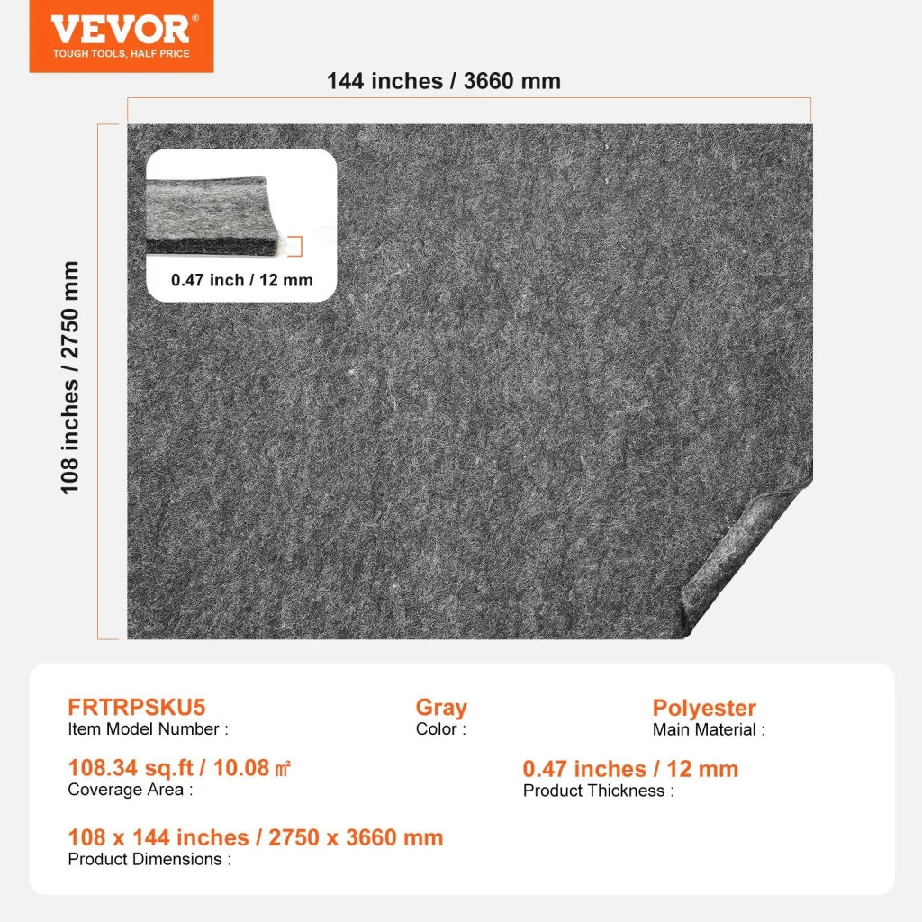 VEVOR Rug Pad Gripper 9’ x 12’ Protective Carpet Pad 0.47’’