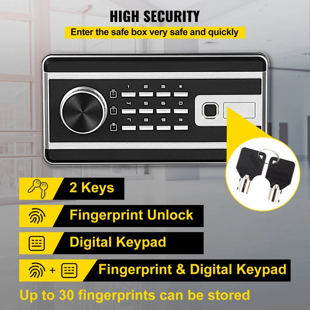 Vevor safe box with compact layout and accessory details