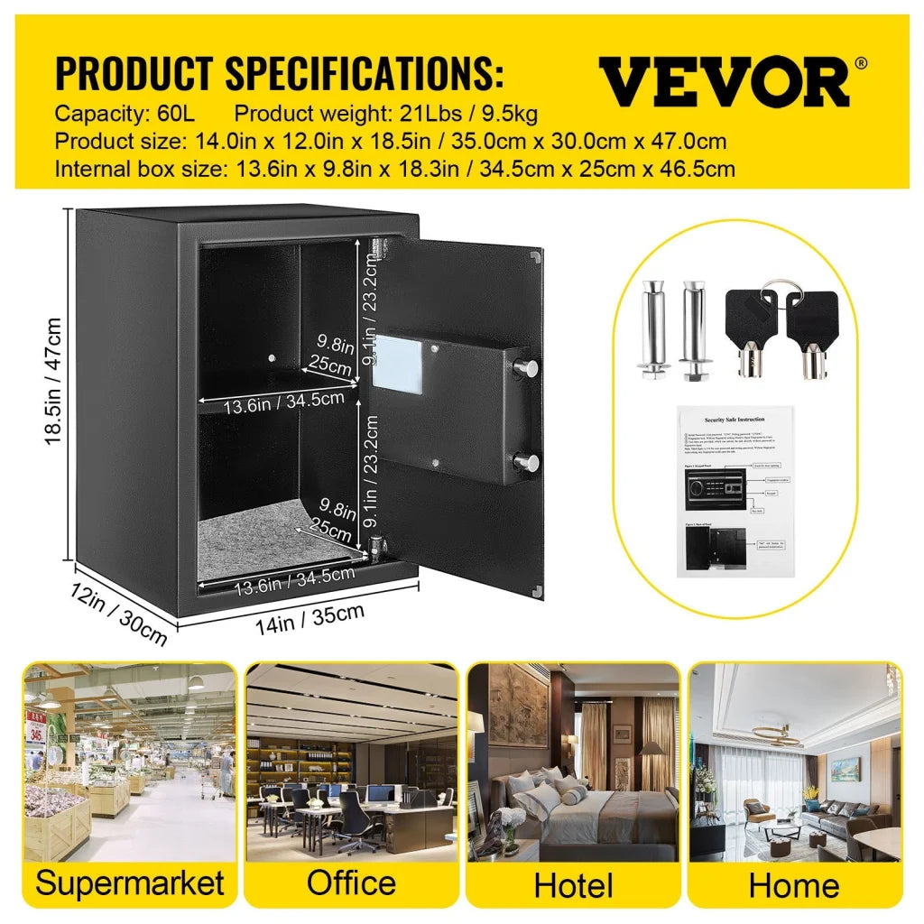 Steel vevor safe box with pack contents and accessory layout