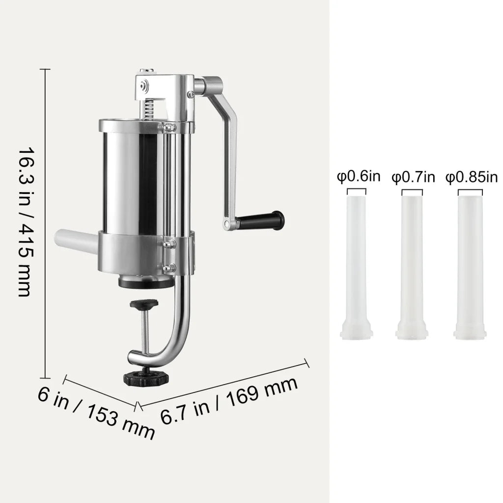 Vevor sausage stuffer with pack contents and accessory layout