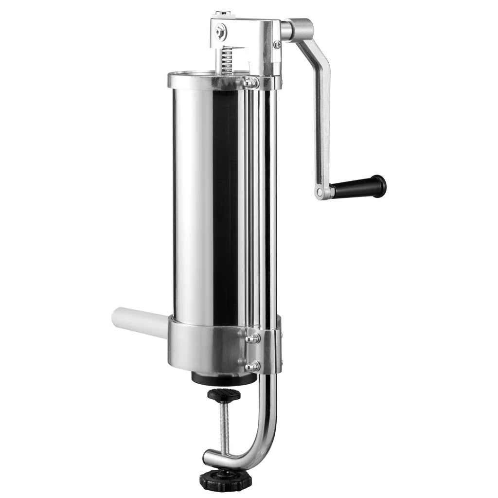 Steel 3l vevor sausage stuffer with pack contents and accessory layout