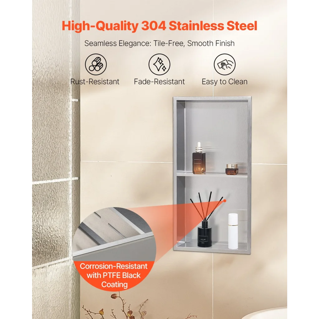 Silver steel vevor shower niche with polished finish and connector fittings