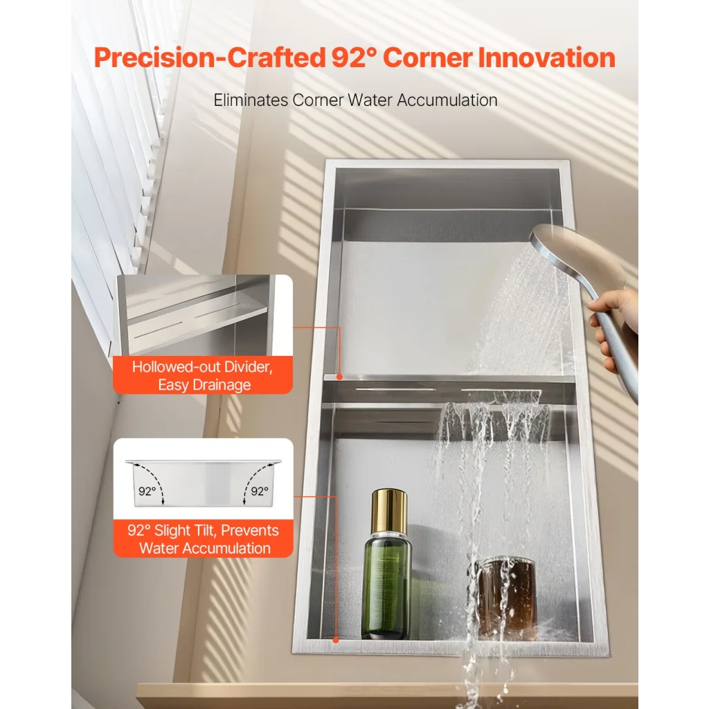 Silver steel vevor shower niche with chrome finish and mixer controls