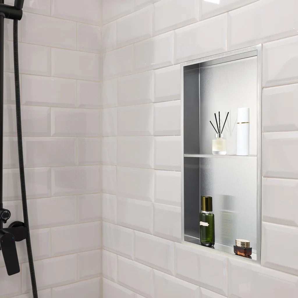 Silver steel vevor shower niche with mixer handle and mounting hardware