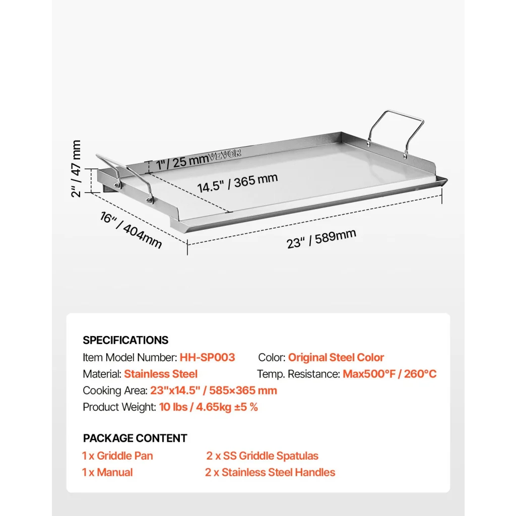 VEVOR Stainless Steel Griddle 23x16 inch Universal Flat Top