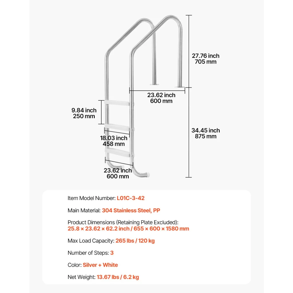 VEVOR Stainless Steel Pool Ladder 3-Step & 2 Handrails