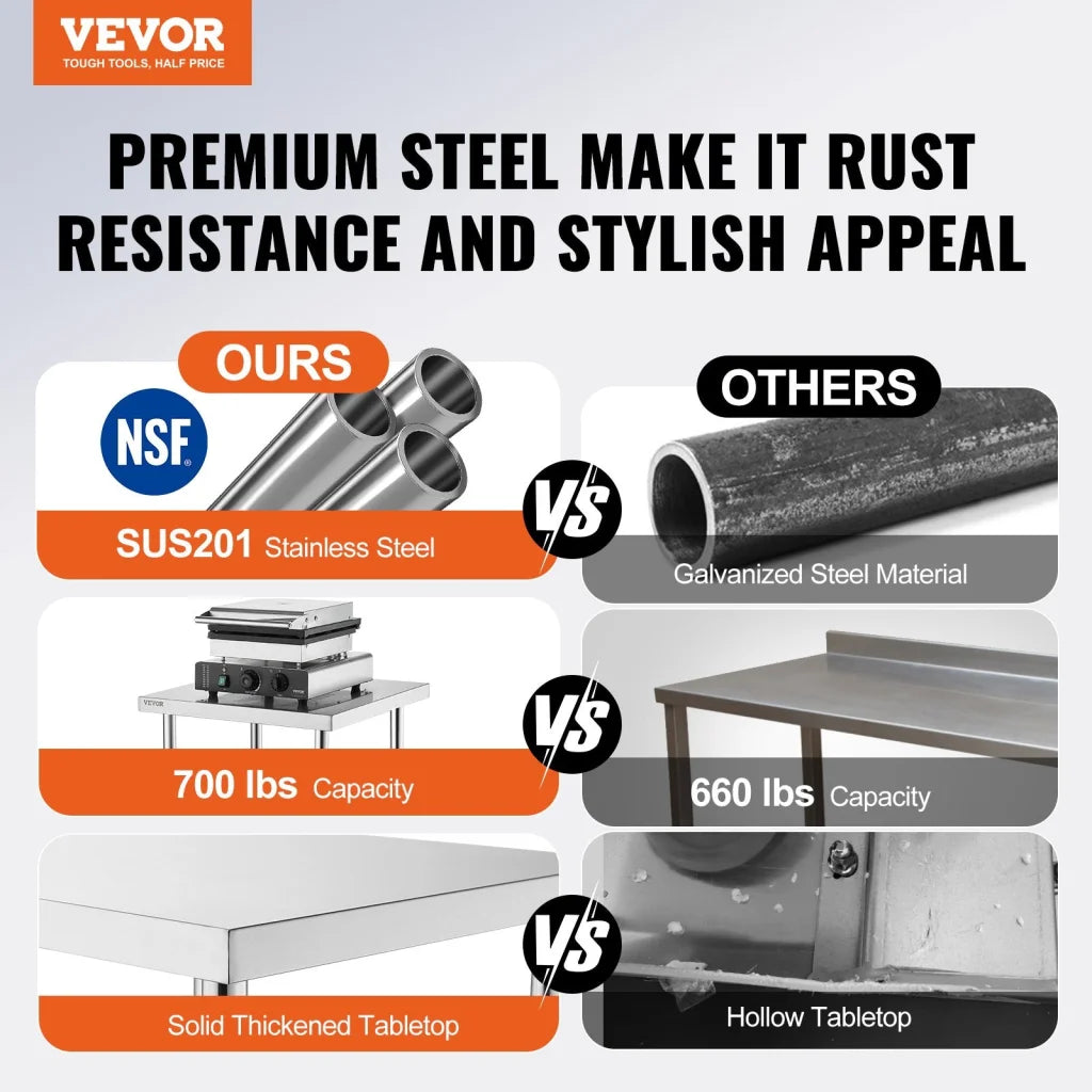 VEVOR Stainless Steel Prep Table 24 x 30 x 34 Inch Heavy