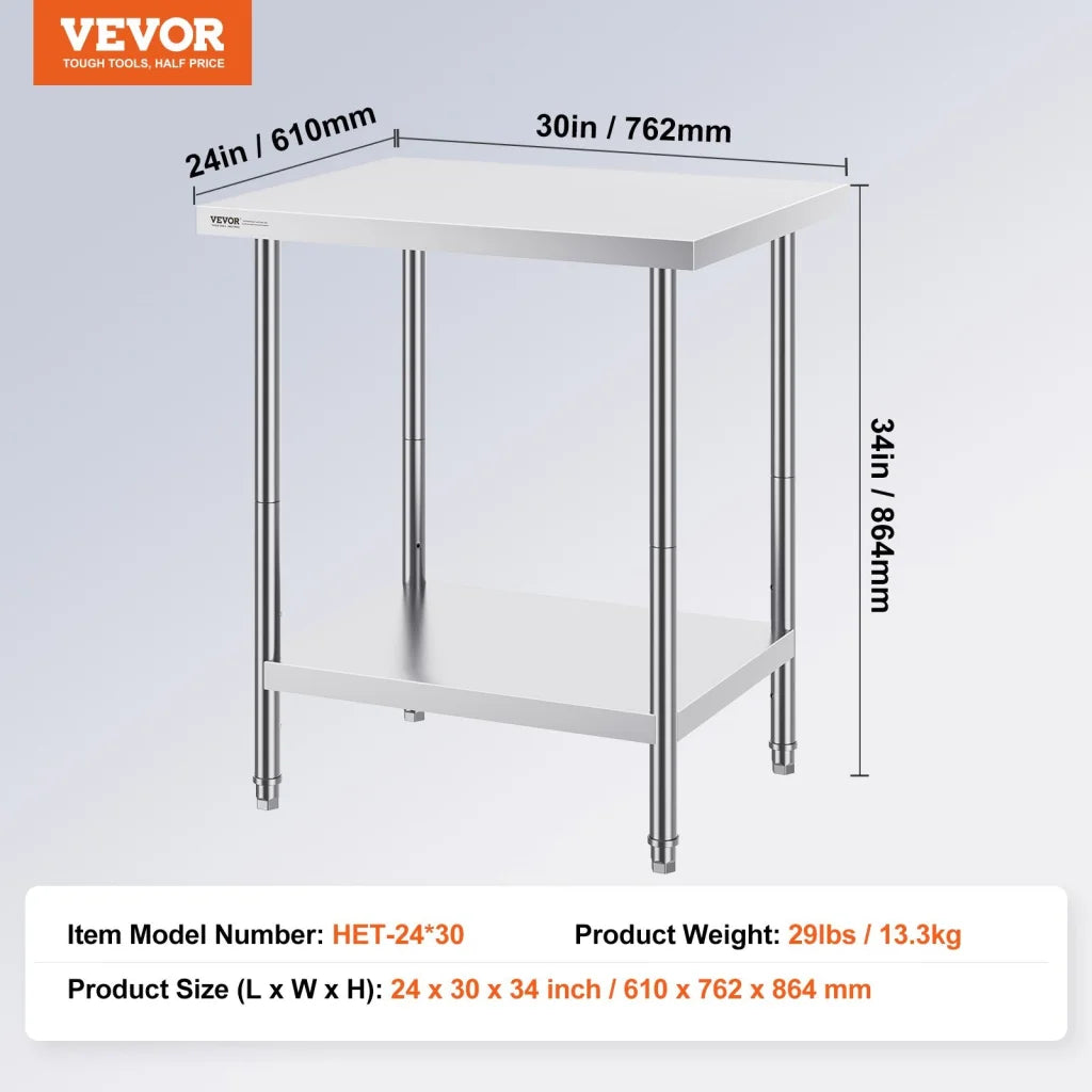 VEVOR Stainless Steel Prep Table 24 x 30 x 34 Inch Heavy