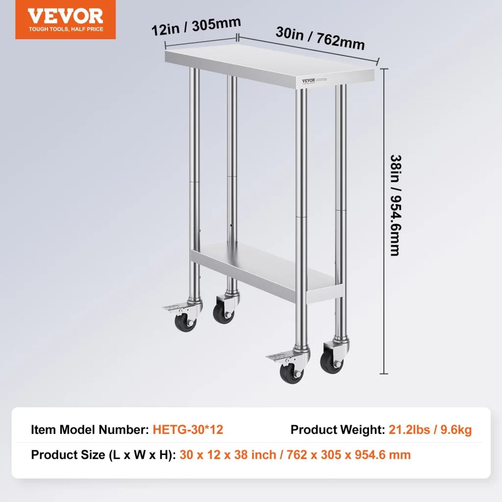 VEVOR Stainless Steel Work Table 30 x 12 x 38 Inch with 4
