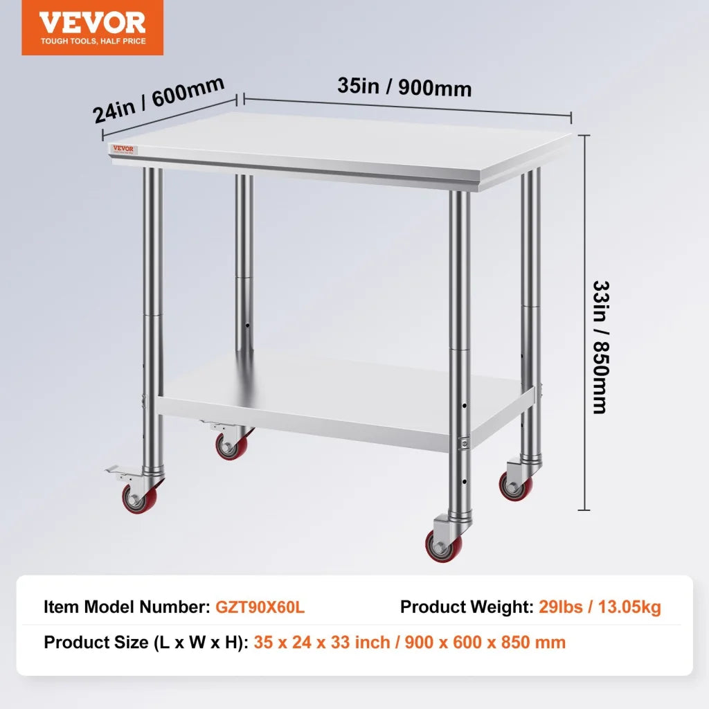 VEVOR Stainless Steel Work Table 36x24 Inch with 4 Wheels