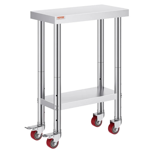 VEVOR Stainless Steel Work Table with Wheels 24 x 12 x 32