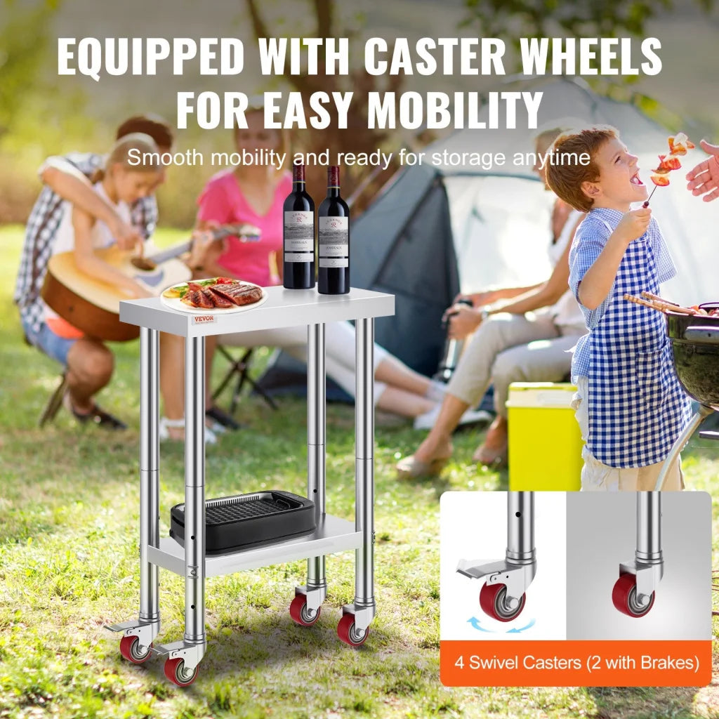 VEVOR Stainless Steel Work Table with Wheels 24 x 12 x 32