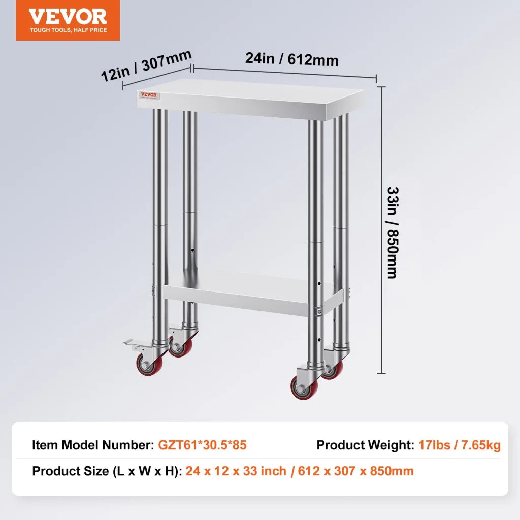 VEVOR Stainless Steel Work Table with Wheels 24 x 12 x 32