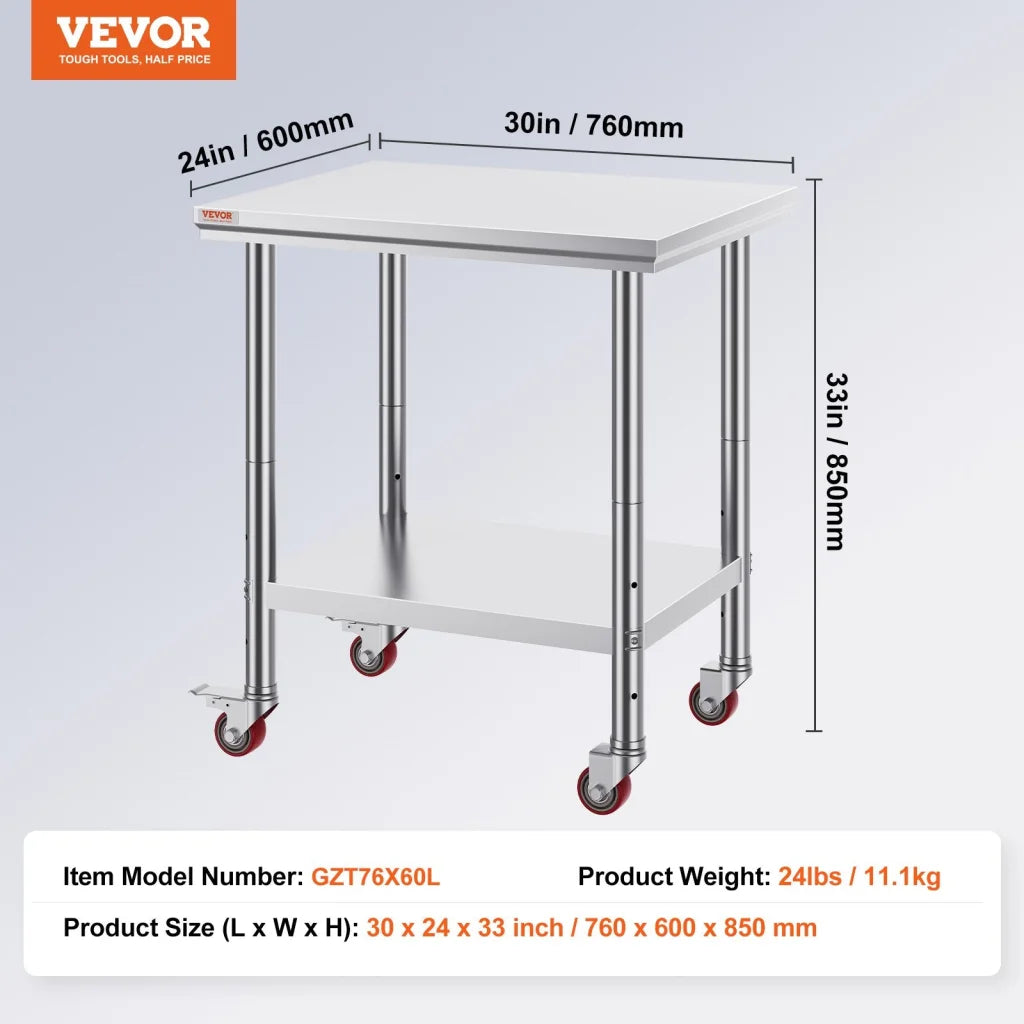 VEVOR Stainless Steel Work Table with Wheels 24 x 30 Prep