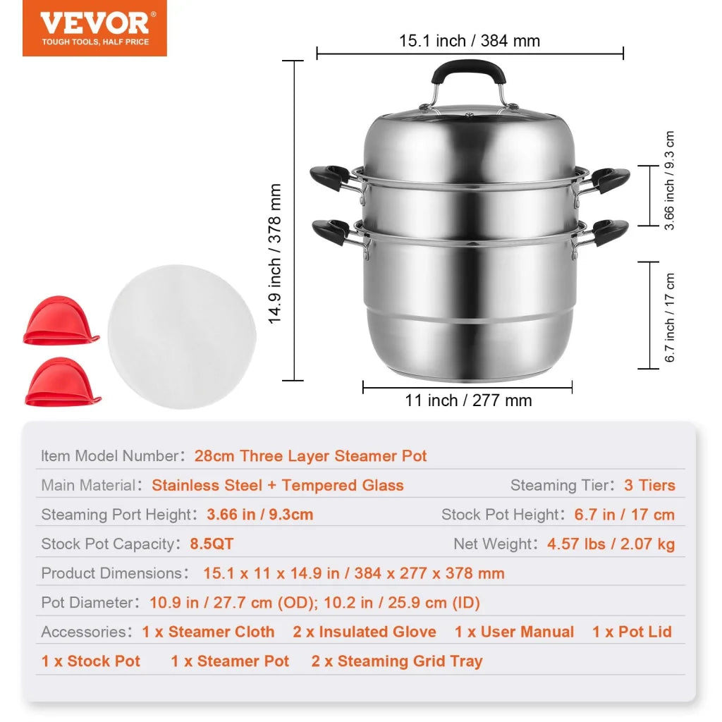 VEVOR Steamer Pot 28cm Steamer Pot for Cooking with 8.5QT