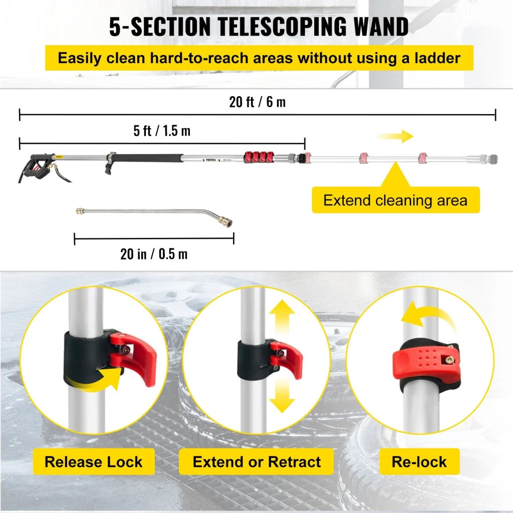 VEVOR Telescoping Pressure Washer Wand 20 ft 5-Section