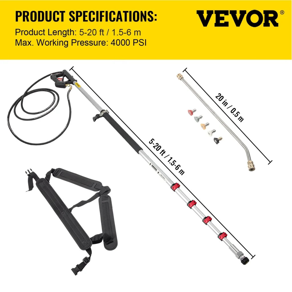 VEVOR Telescoping Pressure Washer Wand 20 ft 5-Section