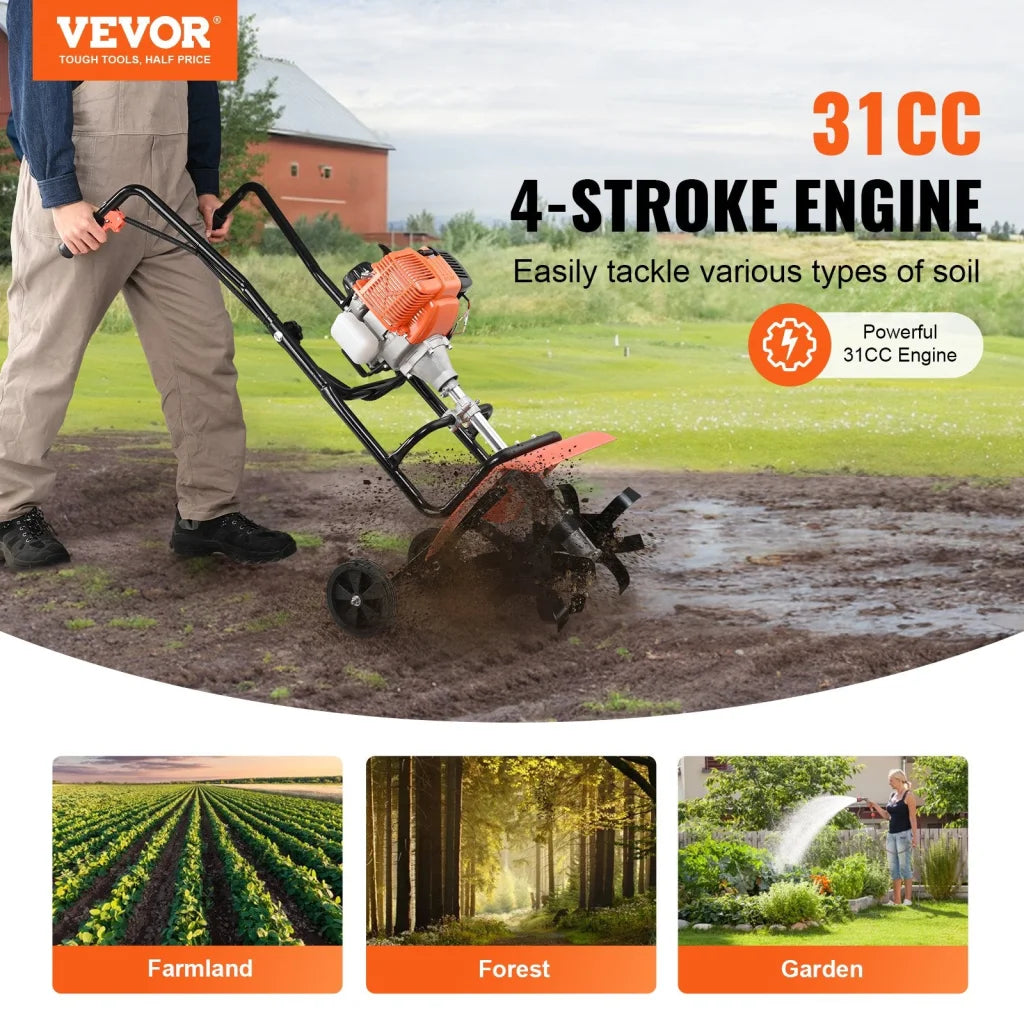 VEVOR Tiller Cultivator Gas Powered 31CC 4-Stroke Garden