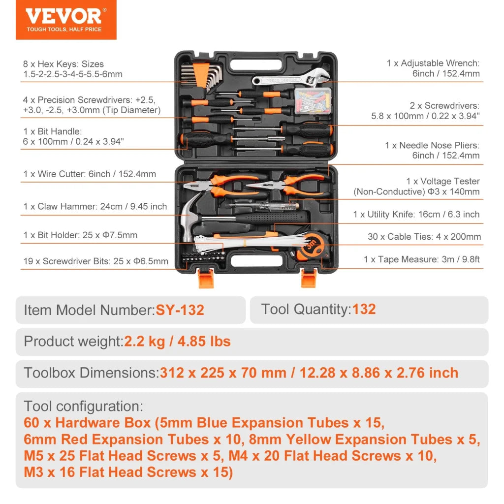 VEVOR Tool Kit 132 Piece General Household Hand Tool Set