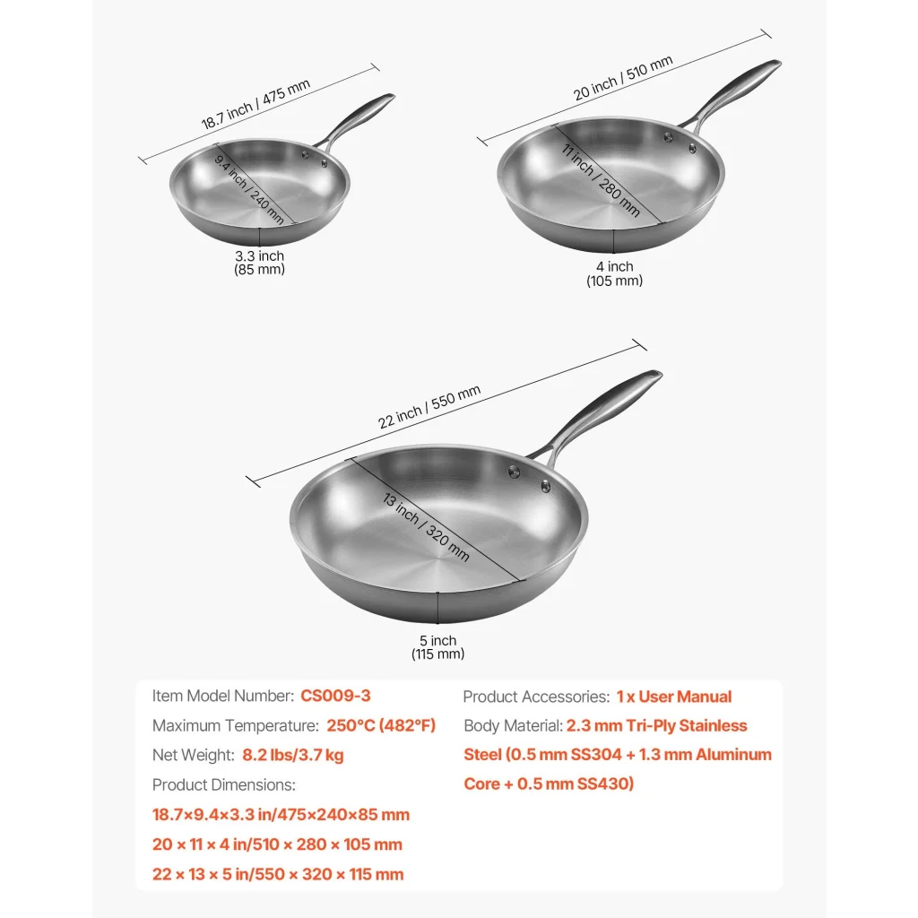 VEVOR Tri-Ply Stainless Steel Frying Pan 3 Piece (240 280