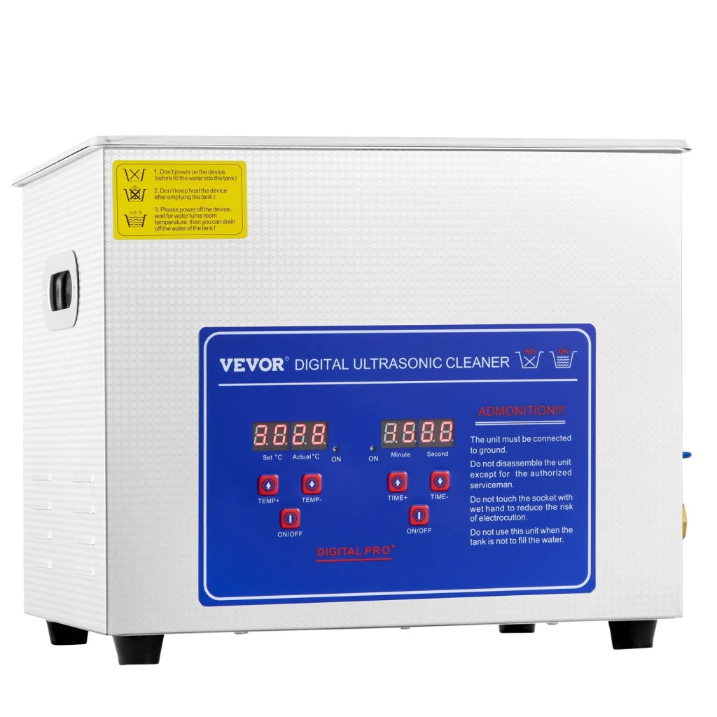 Silver metal 10l vevor ultrasonic cleaner with clean finish and fitted components