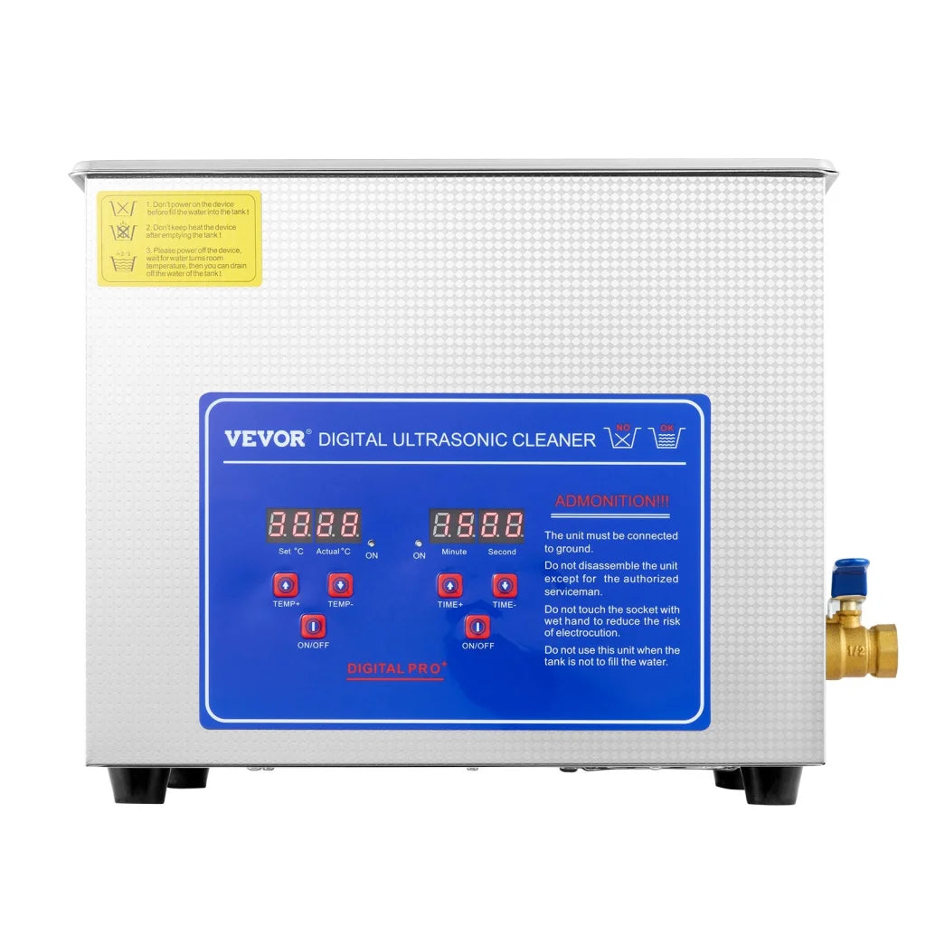 Silver metal 10l vevor ultrasonic cleaner with assembled layout and visible hardware