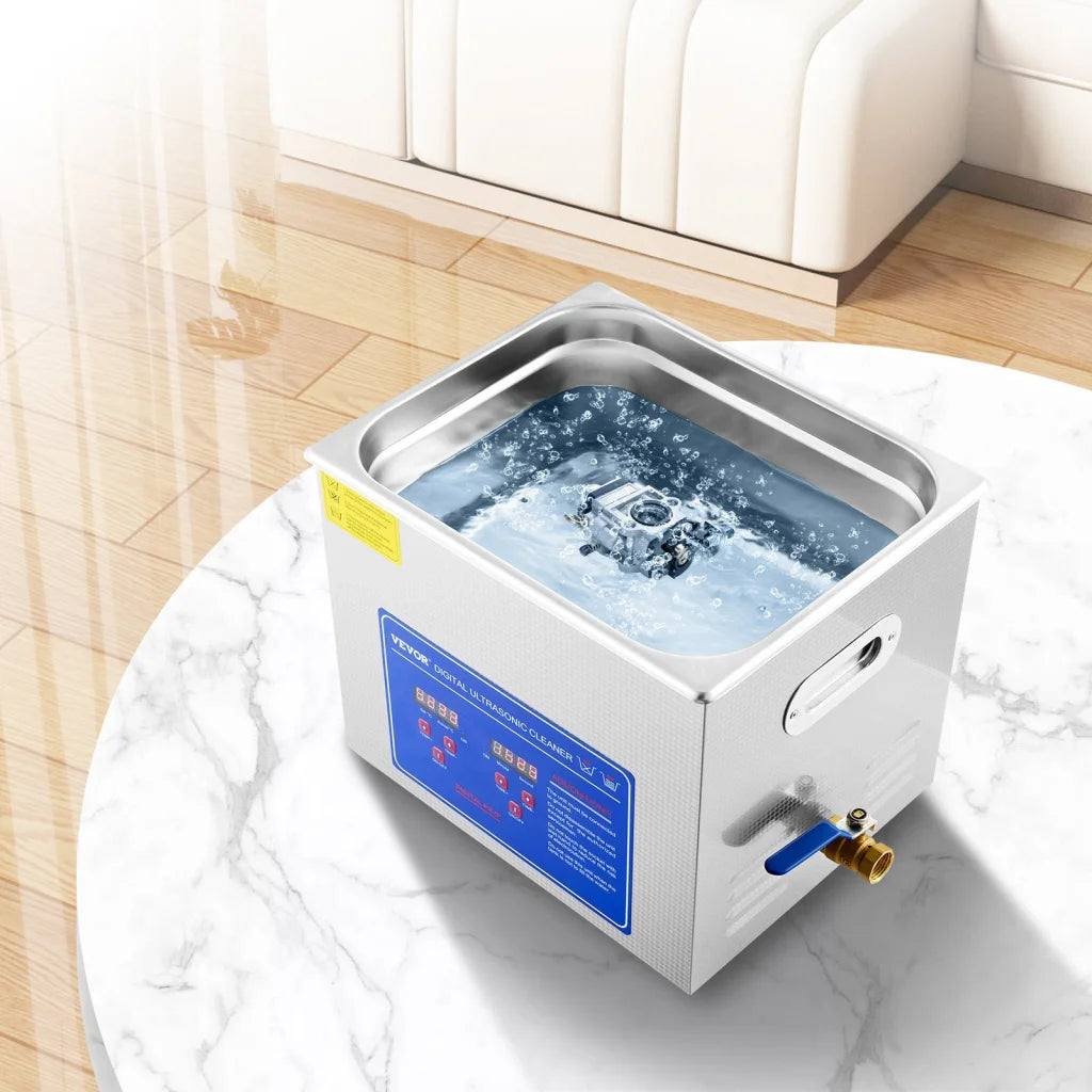 Silver metal 10l vevor ultrasonic cleaner with pack contents and accessory layout