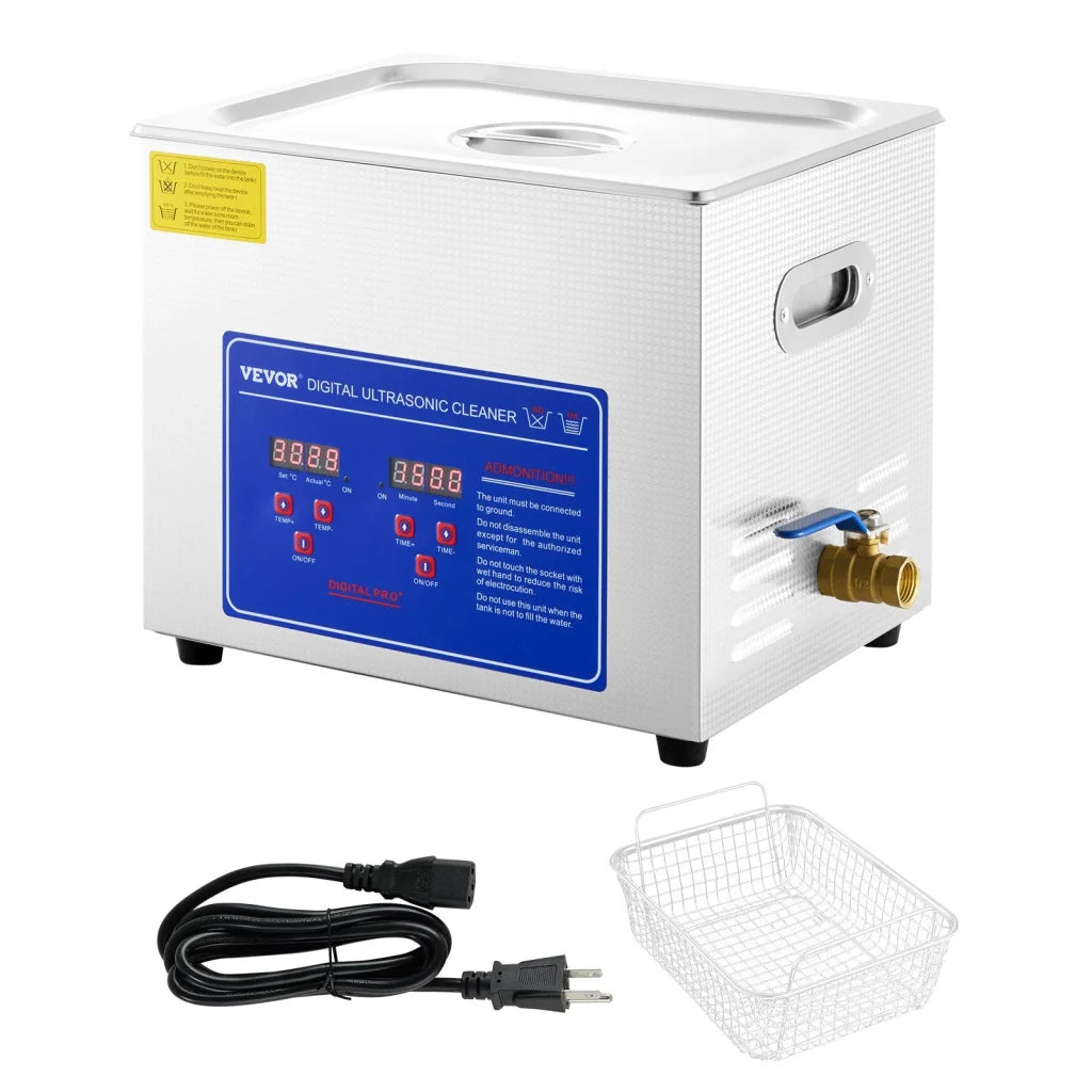 Silver metal 10l vevor ultrasonic cleaner with compact layout and accessory details