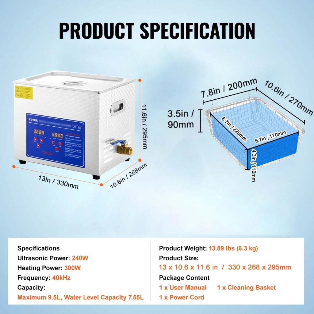 VEVOR Ultrasonic Cleaner 10L Jewelry Cleaning with Digital