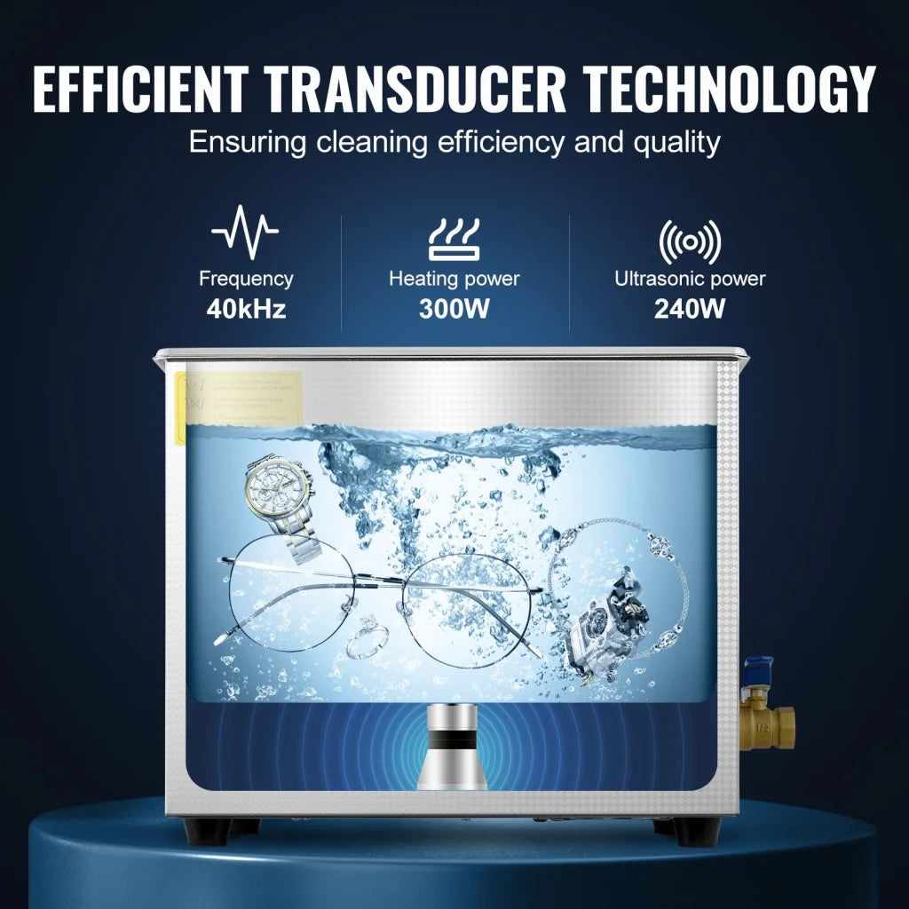 Silver metal 10l vevor ultrasonic cleaner with fitted edges and product hardware