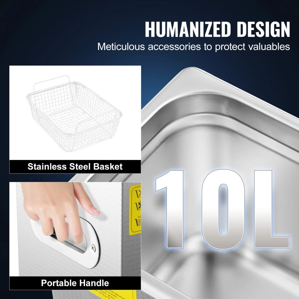 Vevor ultrasonic cleaner in silver metal with practical fittings