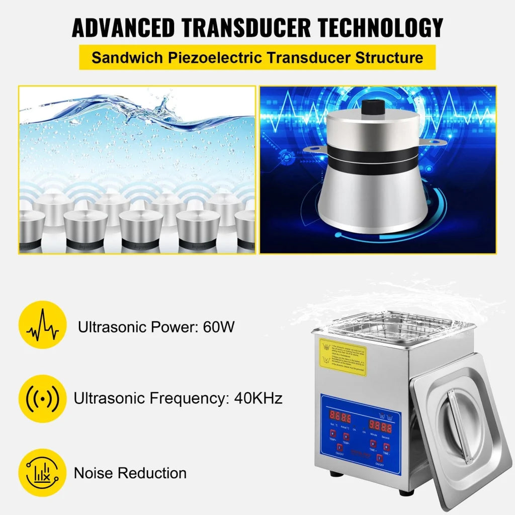 Vevor ultrasonic cleaner with pack contents and accessory layout