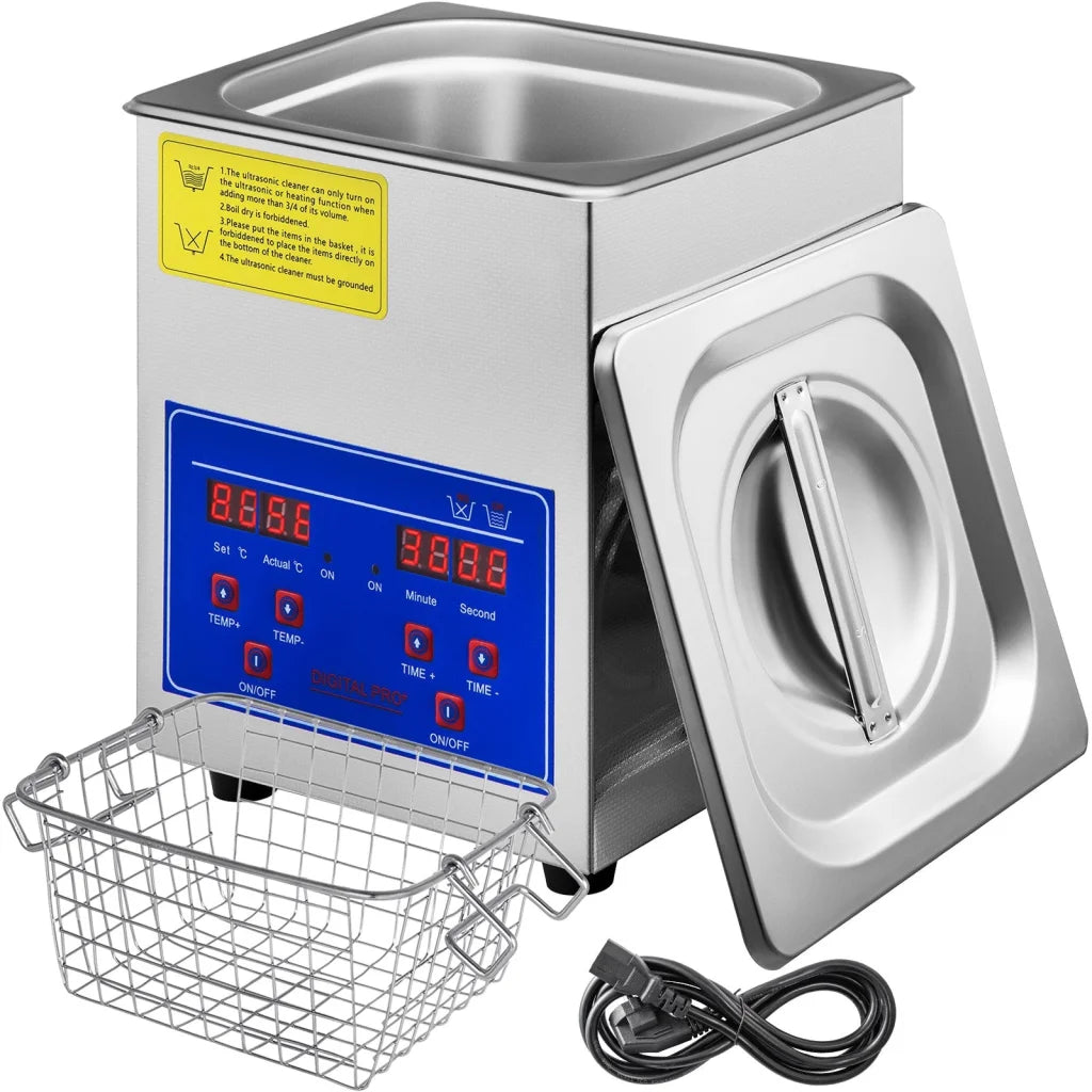 Metal 2l vevor ultrasonic cleaner with compact layout and accessory details