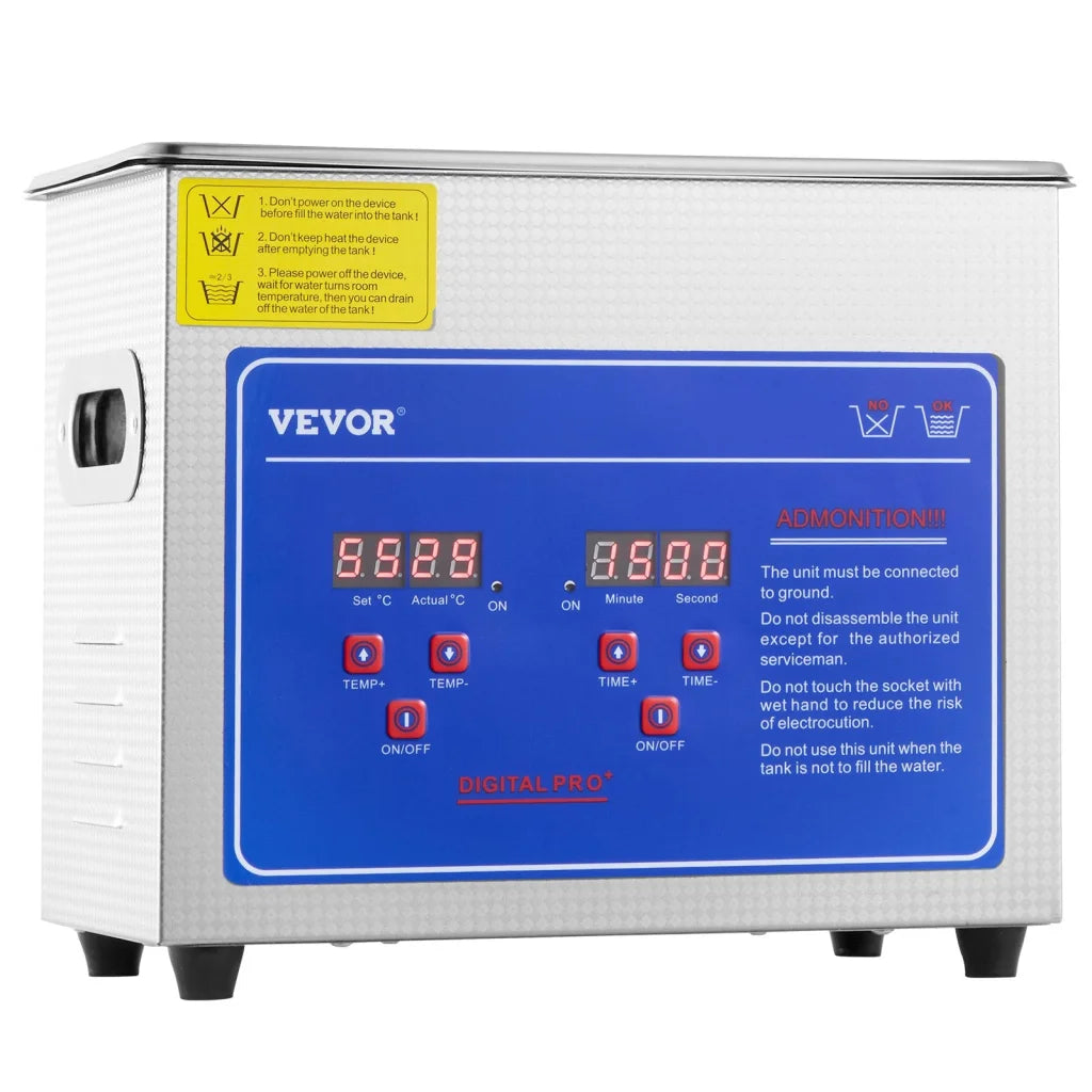 Steel 3l vevor ultrasonic cleaner with compact layout and accessory details