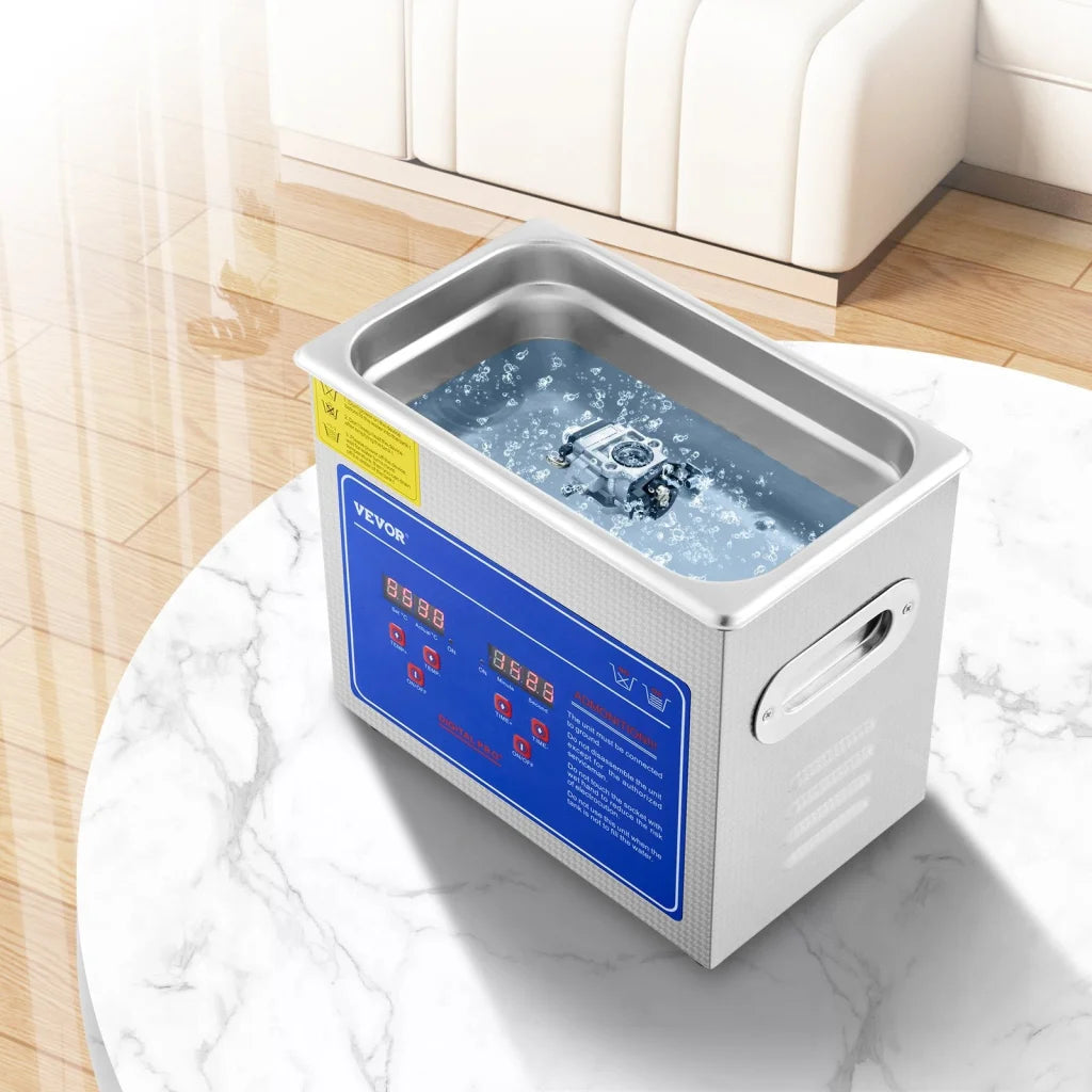 Steel 3l vevor ultrasonic cleaner with pack contents and accessory layout