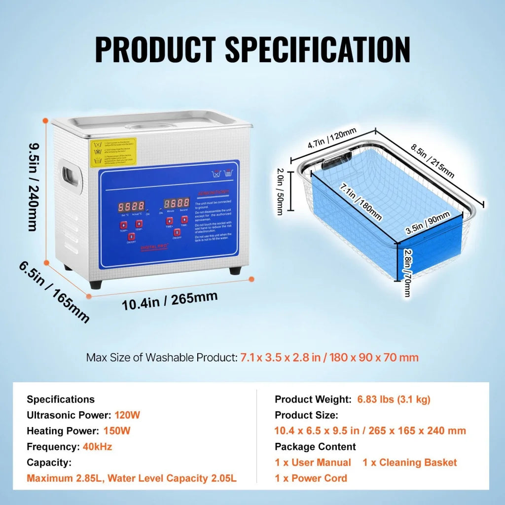 VEVOR Ultrasonic Cleaner Machine 3L Stainless Steel