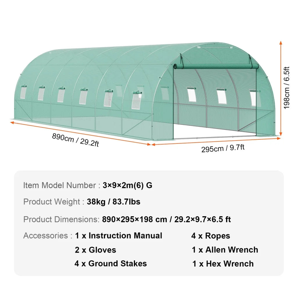 VEVOR Walk-in Tunnel Greenhouse 29.2x9.7x6.5ft Galvanized