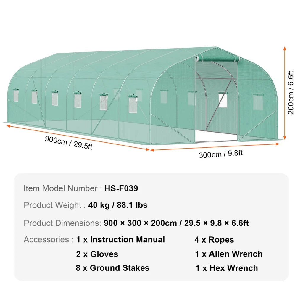 VEVOR Walk-in Tunnel Greenhouse 29.5x9.8x6.6 ft Hoop House