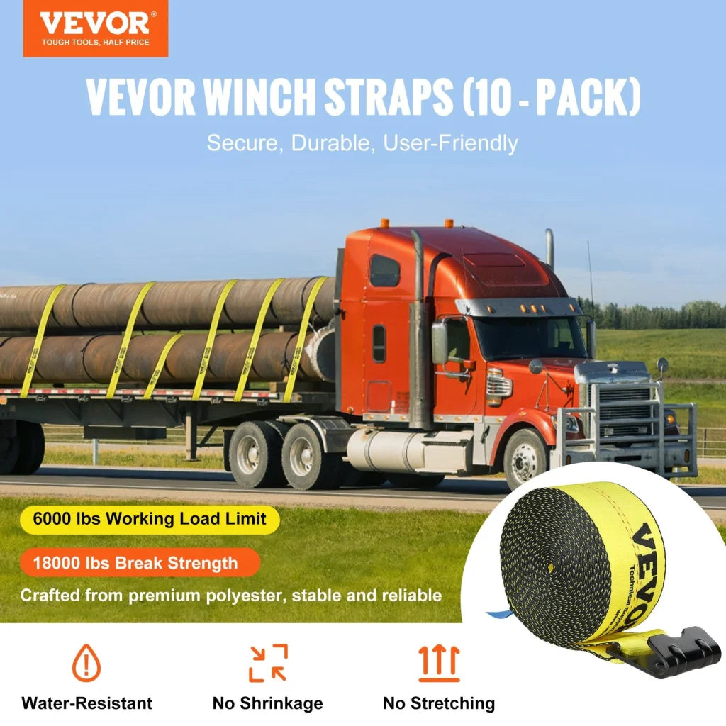 VEVOR Winch Straps 10.2 cm x 9.1 m 2.7T Load Capacity 8.2T