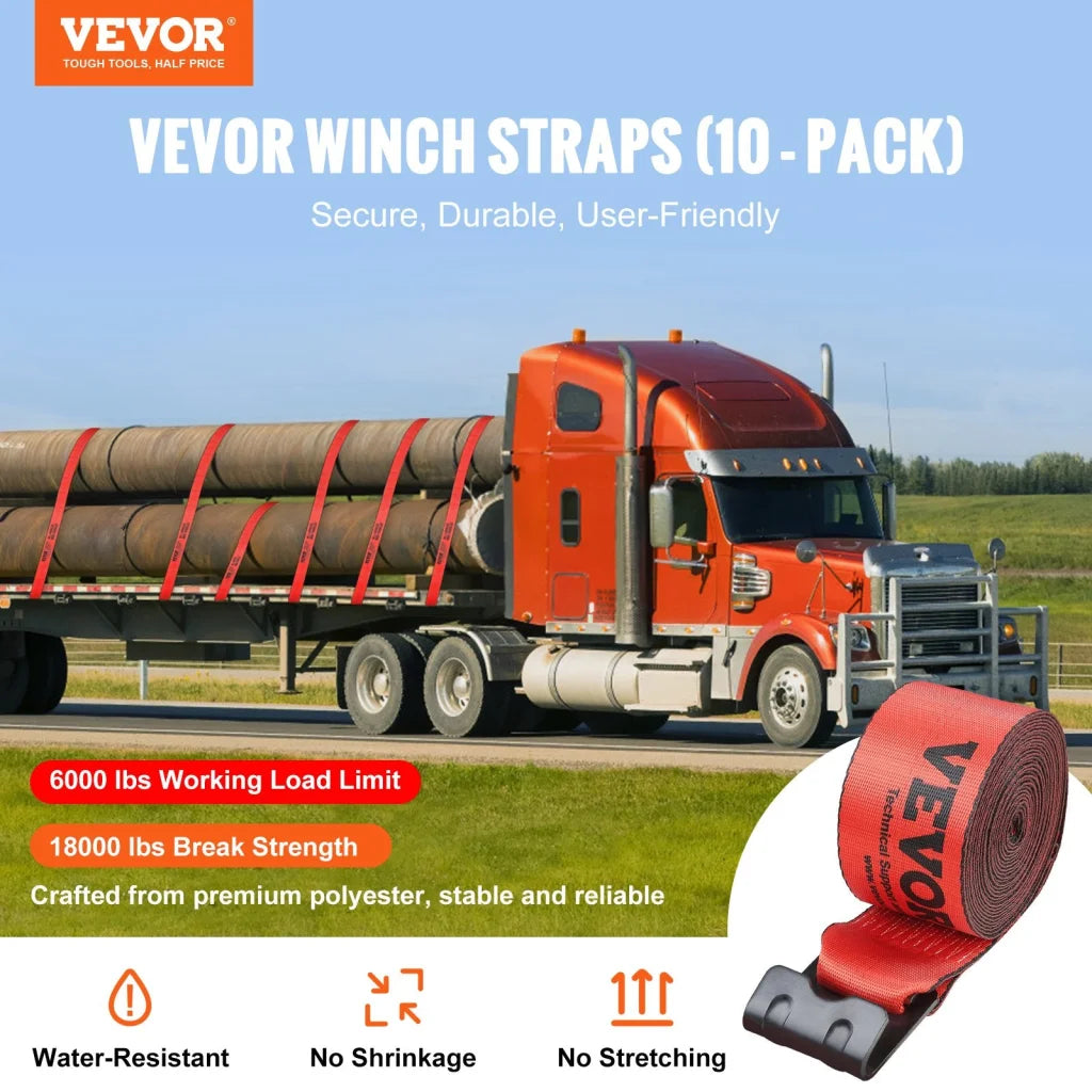 VEVOR Winch Straps 10.2 cm x 9.1 m 2.7T Load Capacity 8.2T